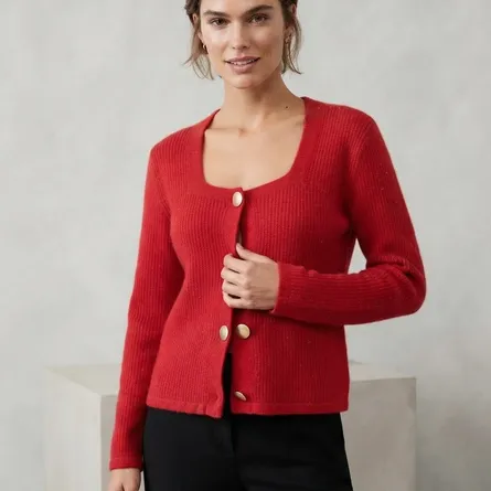 Luxury Rib-Knit Square-Neck Cardigan in Scarlet Red - Image 3
