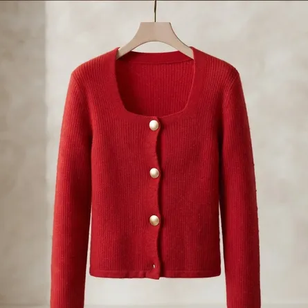 Luxury Rib-Knit Square-Neck Cardigan in Scarlet Red