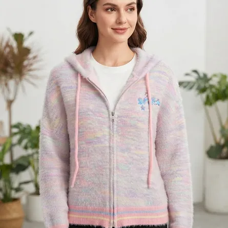Pastel Rainbow Fuzzy Zip-Up Hoodie