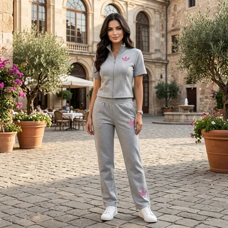 Women’s Short-Sleeve Zip-Up Top & Straight-Leg Pants Co-ord Set