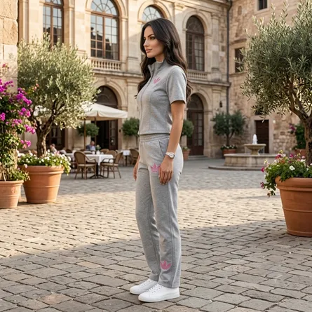 Women’s Short-Sleeve Zip-Up Top & Straight-Leg Pants Co-ord Set - Image 4
