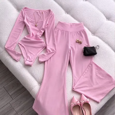 Women’s Pink Long-Sleeve Bodysuit & Wide-Leg Pants Co-ord Set - Image 5