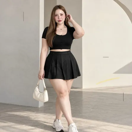 Women’s Short-Sleeve Button-Front Crop Top & White Pleated Skirt Set - Image 7