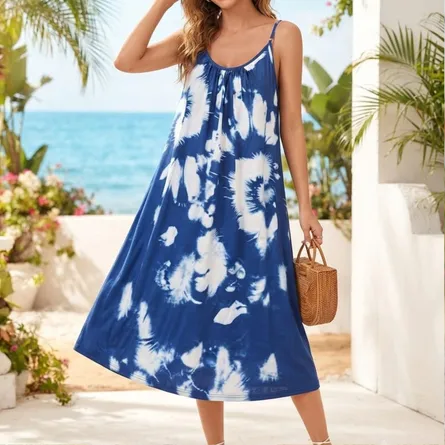 Blue & white; White Tie-Dye Sleeveless Midi Dress - Image 4
