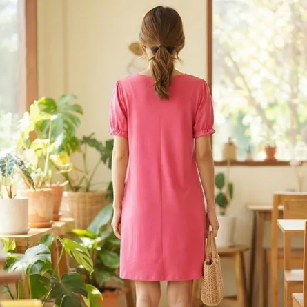 Pink V-Neck Short Sleeve Shift Dress - Image 5