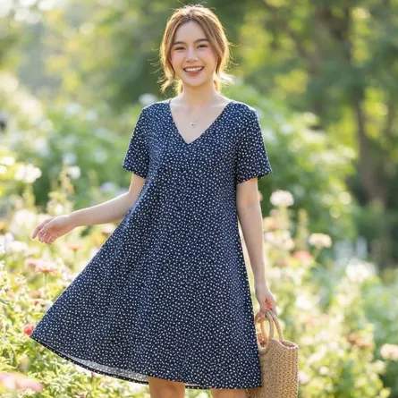 Navy Blue Printed A-Line Dress - Image 3