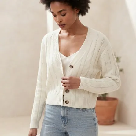 The Classic Cable-Knit Cropped Cardigan - Cream - Image 3