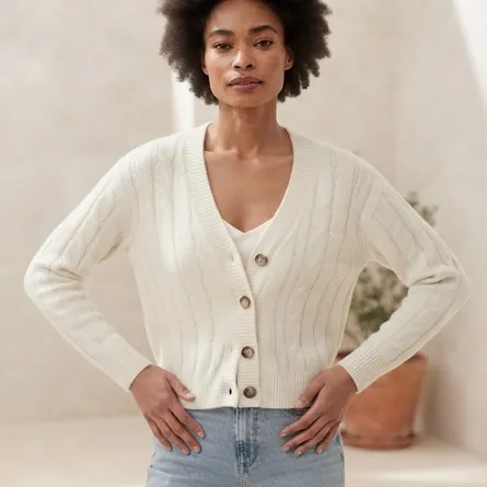 The Classic Cable-Knit Cropped Cardigan - Cream - Image 4