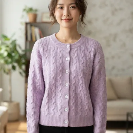 Premium Cashmere Blend Cable-Knit Cardigan in Lavender Haze