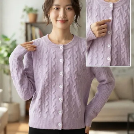 Premium Cashmere Blend Cable-Knit Cardigan in Lavender Haze - Image 4