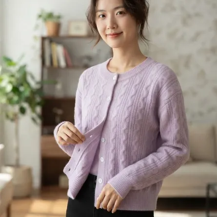 Premium Cashmere Blend Cable-Knit Cardigan in Lavender Haze - Image 3
