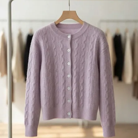 Premium Cashmere Blend Cable-Knit Cardigan in Lavender Haze - Image 6