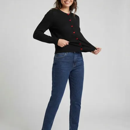 Heart-Button Ribbed-Knit Cardigan in Black - Image 3