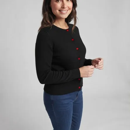 Heart-Button Ribbed-Knit Cardigan in Black - Image 5