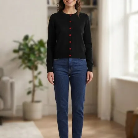 Heart-Button Ribbed-Knit Cardigan in Black - Image 6