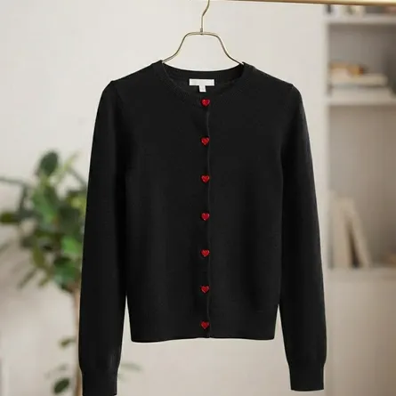 Heart-Button Ribbed-Knit Cardigan in Black