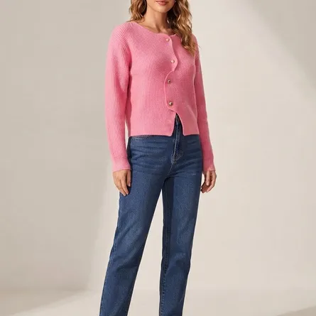 Ribbed Knit Button-Up Cropped Cardigan - Pink
