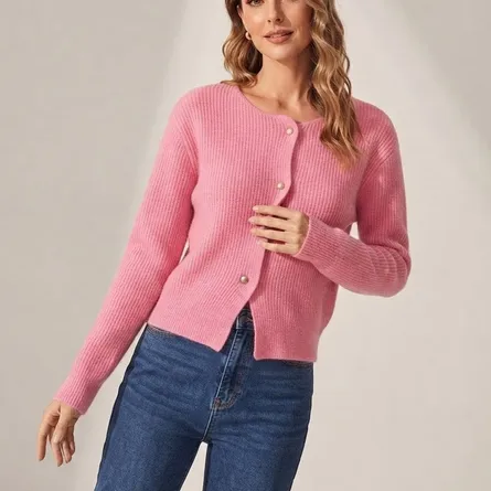Ribbed Knit Button-Up Cropped Cardigan - Pink - Image 3