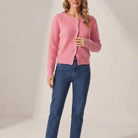 Ribbed Knit Button-Up Cropped Cardigan - Pink - Image 4