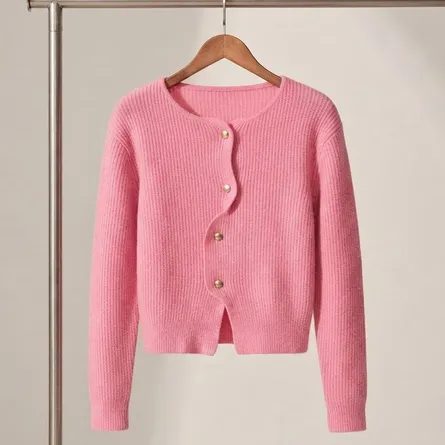 Ribbed Knit Button-Up Cropped Cardigan - Pink - Image 6