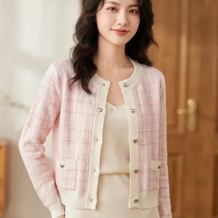 Chic Pink Plaid Heart-Button Cardigan - Image 4