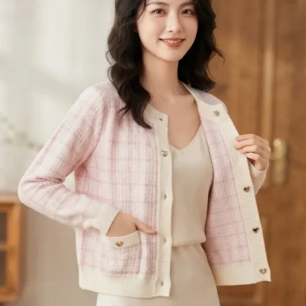Chic Pink Plaid Heart-Button Cardigan - Image 3