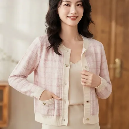 Chic Pink Plaid Heart-Button Cardigan