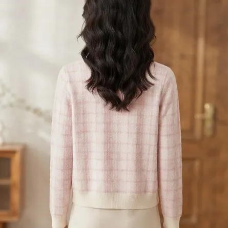 Chic Pink Plaid Heart-Button Cardigan - Image 5