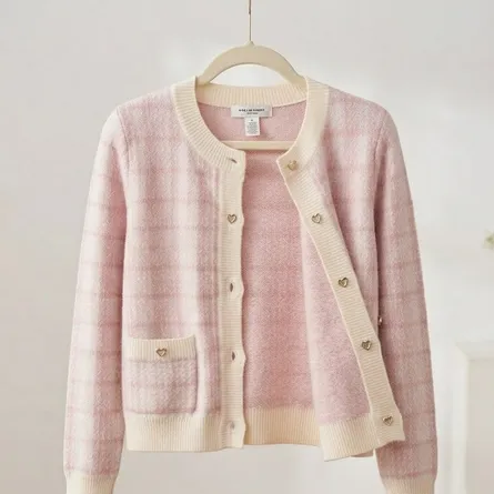 Chic Pink Plaid Heart-Button Cardigan - Image 6