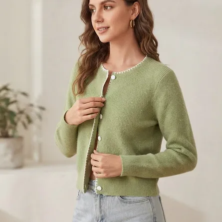 Sage Green Contrast Whipstitch Cardigan - Image 3