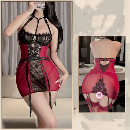 Seductive Red & Black Lace Halter Babydoll Lingerie Set with Garter Straps - Image 5