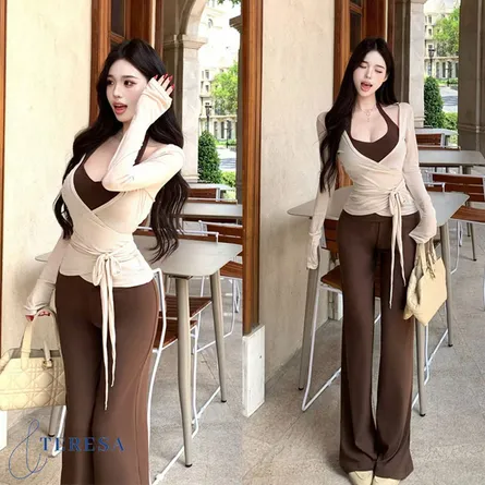 Chic 3-Piece Contrast Wrap Top and Pants Outfit Set - Image 8