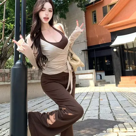 Chic 3-Piece Contrast Wrap Top and Pants Outfit Set - Image 3