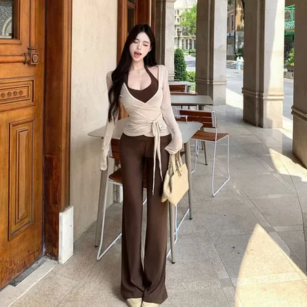 Chic 3-Piece Contrast Wrap Top and Pants Outfit Set - Image 4