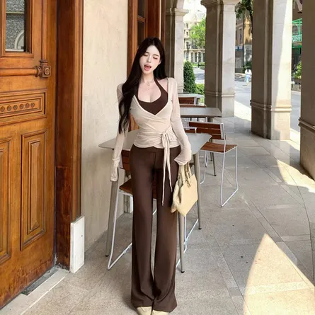 Chic 3-Piece Contrast Wrap Top and Pants Outfit Set - Image 7