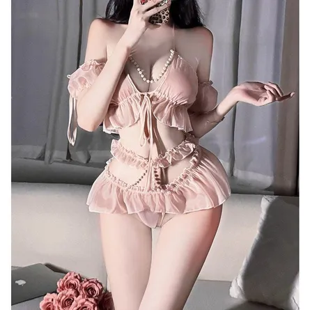 Women's Pink Ruffled Two-Piece Lingerie Set with Beaded Straps - Image 4