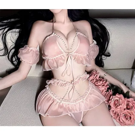 Women's Pink Ruffled Two-Piece Lingerie Set with Beaded Straps - Image 5