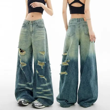 Vintage Distressed High-Waist Wide-Leg Jeans