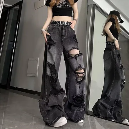 Women's Vintage Grunge Distressed Wide-Leg Denim Jeans
