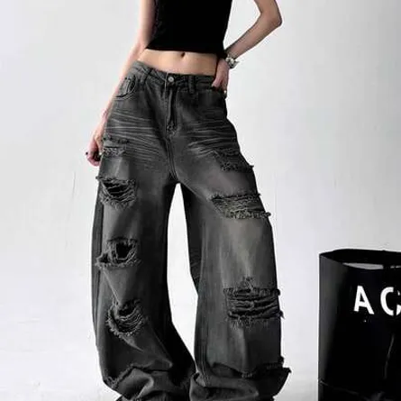 Women's Vintage Grunge Distressed Wide-Leg Denim Jeans - Image 4