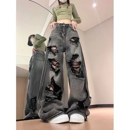 Women's Vintage Grunge Distressed Wide-Leg Denim Jeans - Image 5