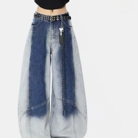 Y2K Grunge High-Waist Colorblock Oversized Barrel Jeans | Baggy Wide-Leg Denim Pants with Chain