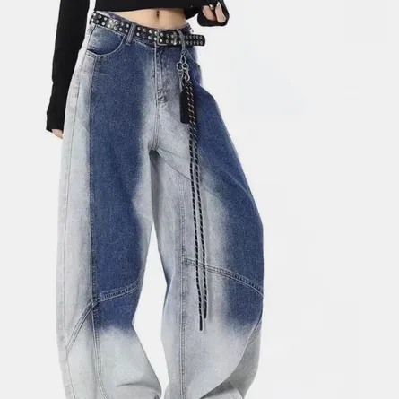 Y2K Grunge High-Waist Colorblock Oversized Barrel Jeans | Baggy Wide-Leg Denim Pants with Chain - Image 3