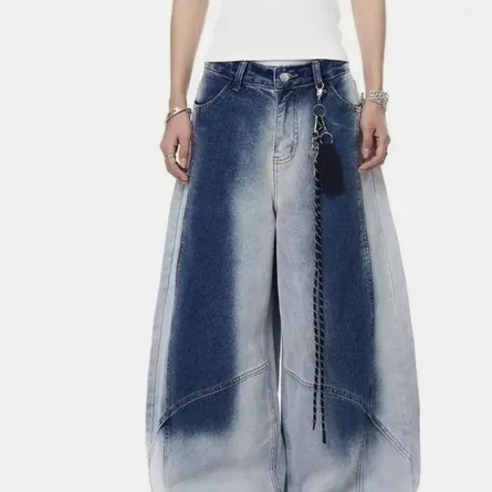 Y2K Grunge High-Waist Colorblock Oversized Barrel Jeans | Baggy Wide-Leg Denim Pants with Chain - Image 4