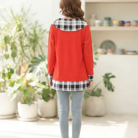 Red Graphic Print Plaid Trim Top - Image 5
