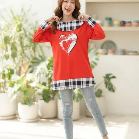 Red Graphic Print Plaid Trim Top