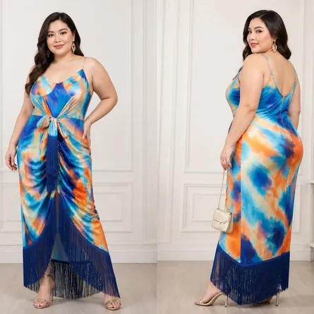 Blue and Orange Tie-Dye Tassel Maxi Dress