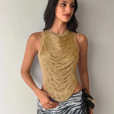Gilded Fringe Mesh Bustier Top