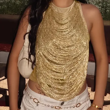 Gilded Fringe Mesh Bustier Top - Image 3