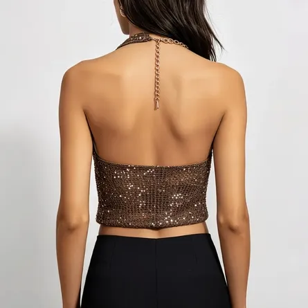 Glittering Chain Halter Cowl Neck Crop Top - Image 4